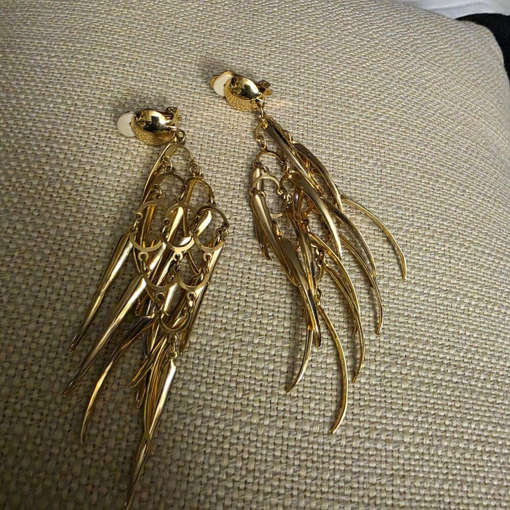 Gold Tone Chandelier Dangle/Drop Clip-On Earrings 3" Statement